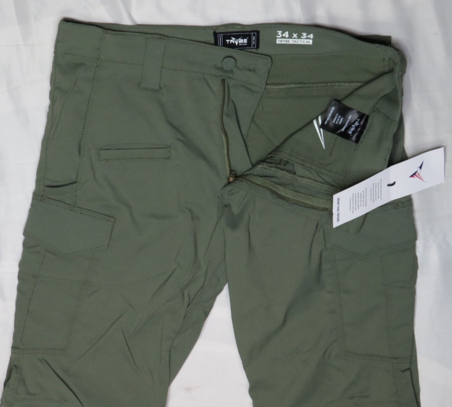 TRYBE TACTICAL MENS 34X34 OLIVE GREEN SLIM CARGO PANT STRETCH NYLON CANVAS NWT
