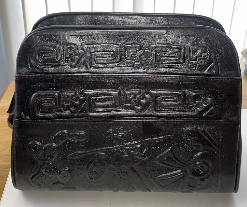 Vintage 1970s hand tooled Mexican Black leather Mayan Warrior shoulder bag purse