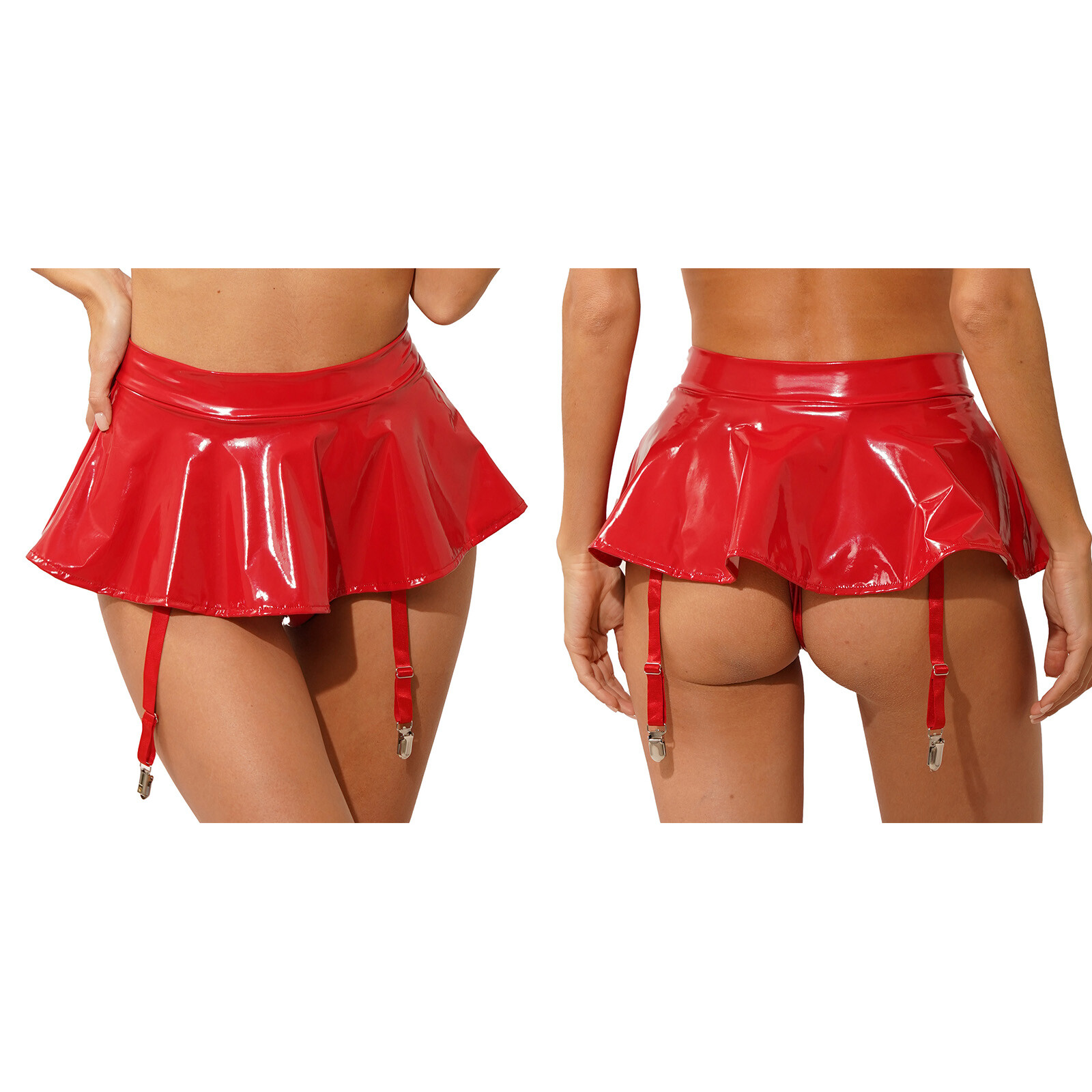 Womens Skirts Shiny Miniskirt PVC Clubwear Glossy Garter Belt Faux Leather Pole