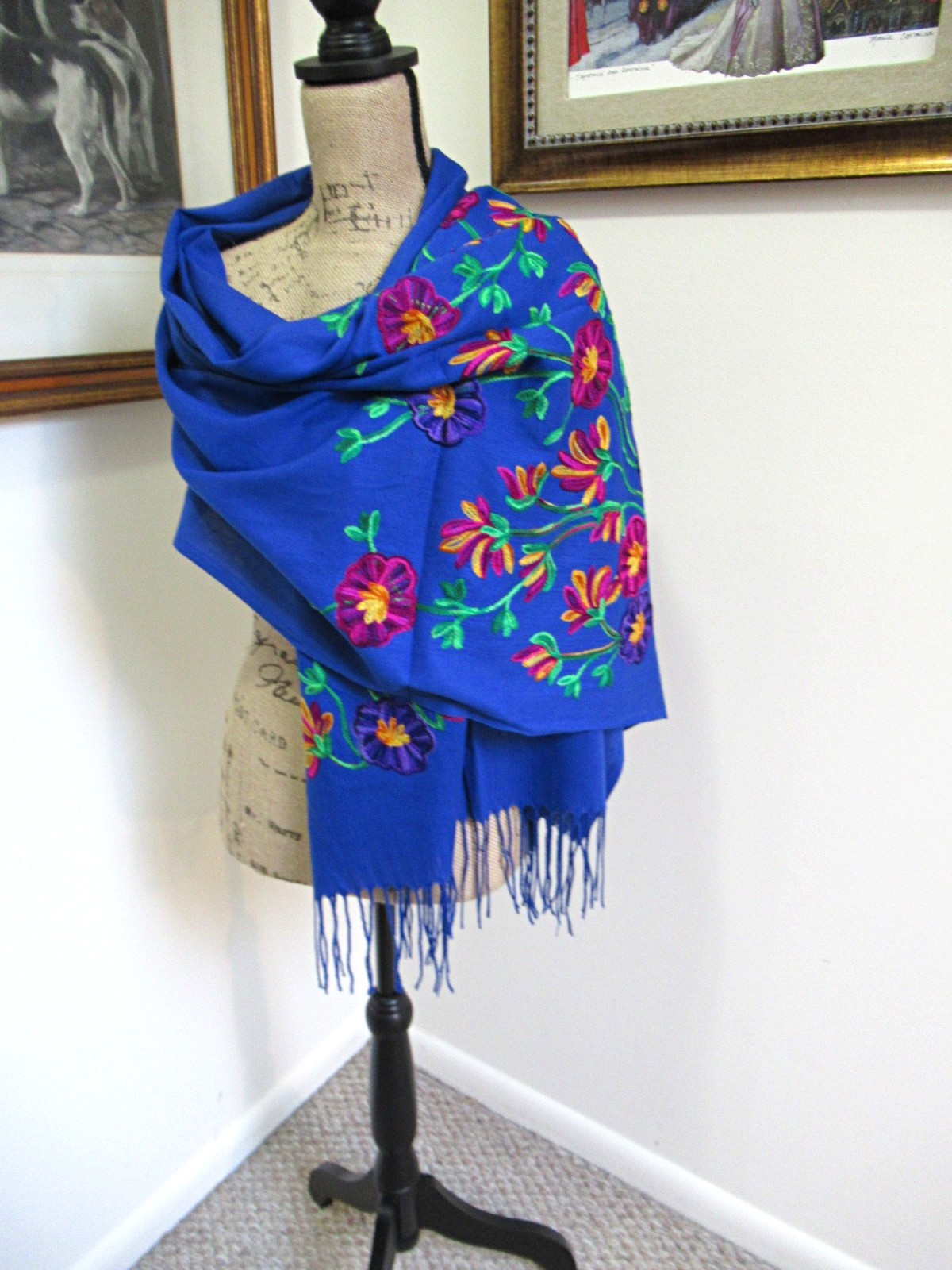 MEXICAN EMBROIDERED SOFT FRINGED SHAWL REBOZO WRAP 76 X 28 – MADE in MEXICO