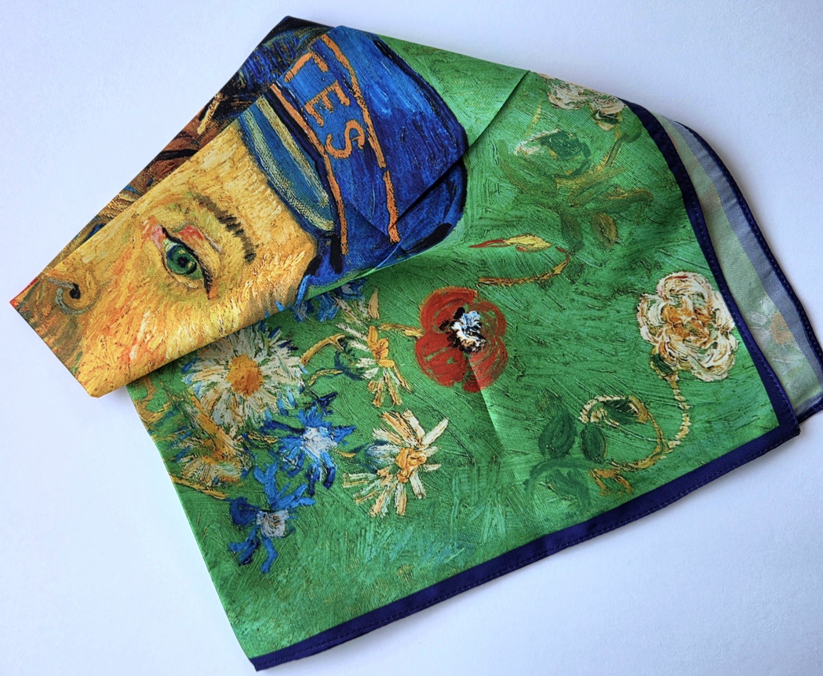 NEW Van Gogh Postman Art SCARF Faux Silk Green Impressionism Man Beard 21″ READ