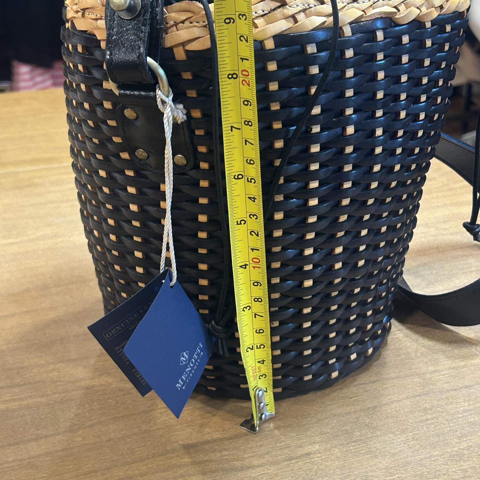 Menotti Bucket Bag Womens Med Black Leather Woven Crossbody Purse Italy