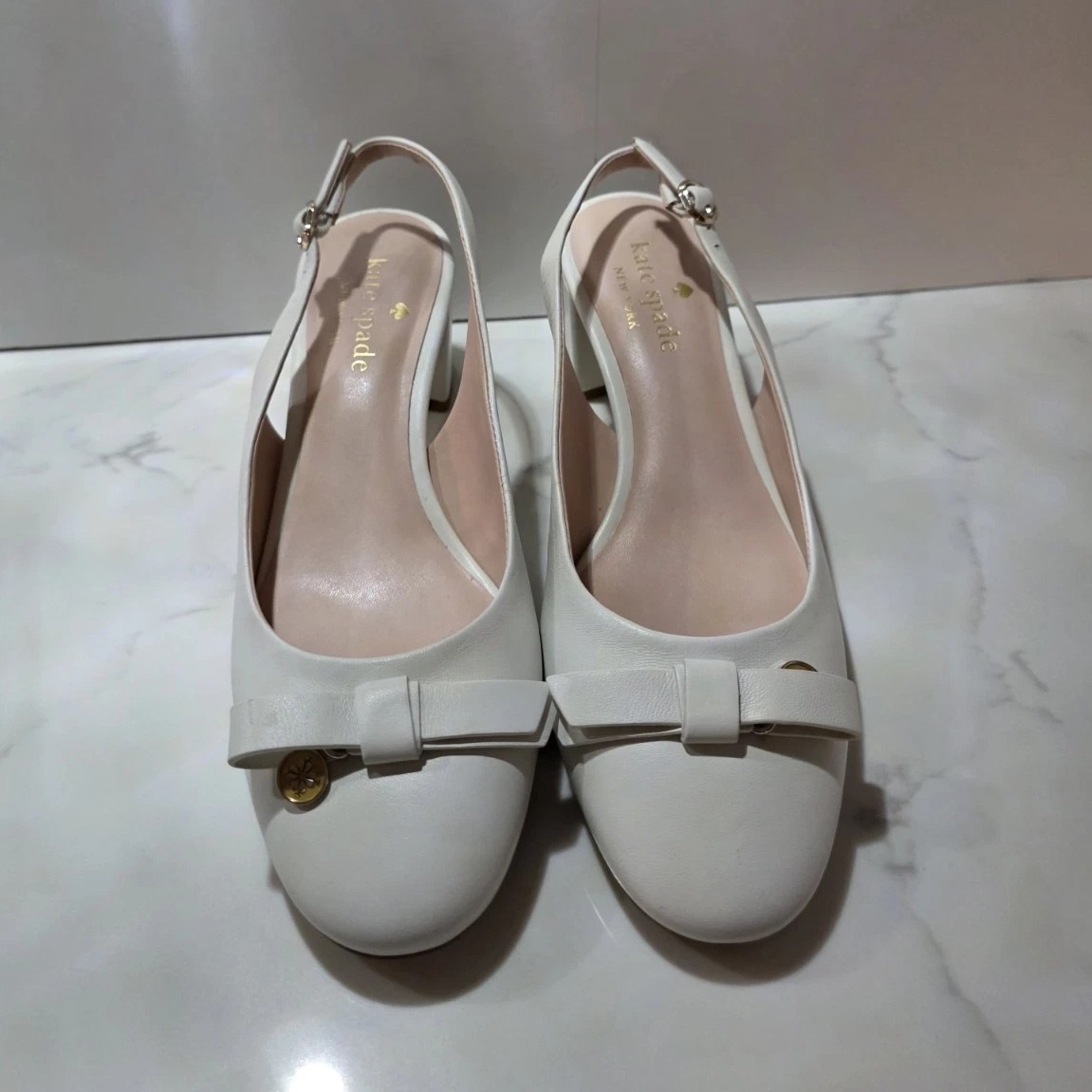 Kate Spade White Leather Round Toe Slingback Block Heel Bow Pumps 6B