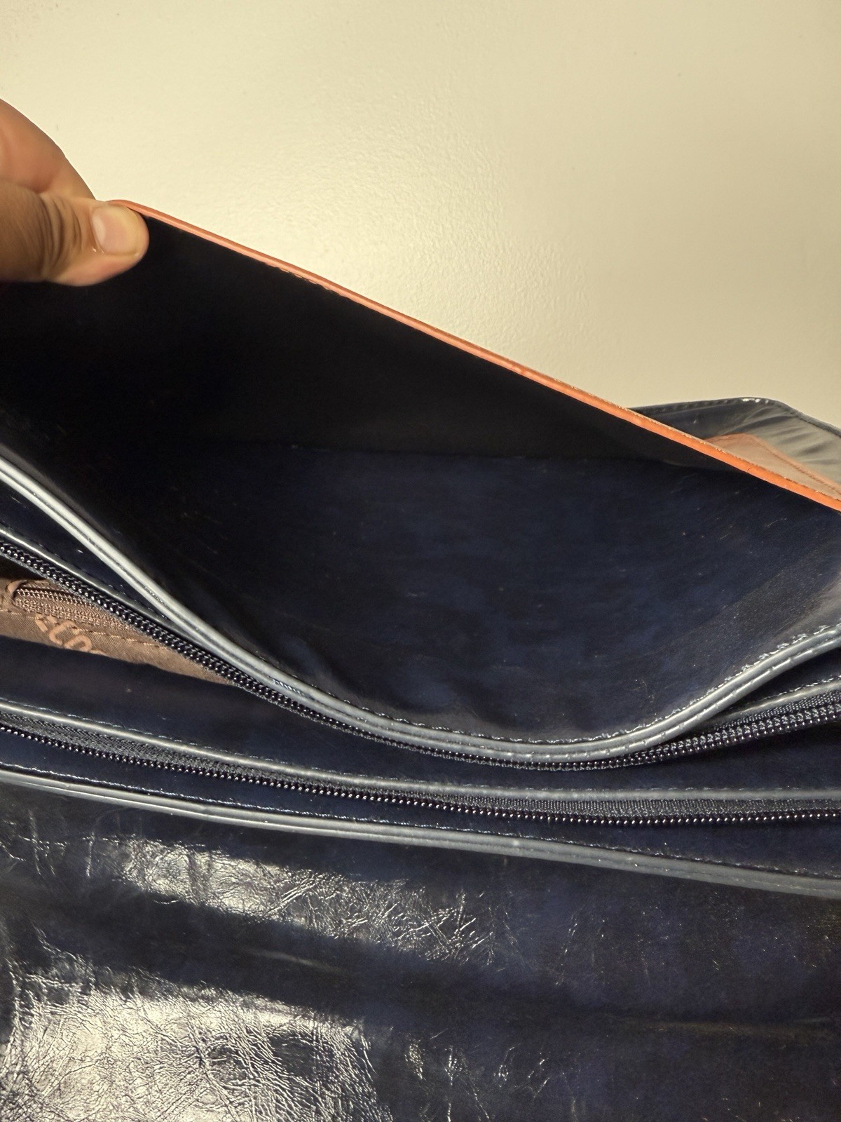 Ecosusi Faux Leather 2 Tone Dark Navy Blue Brown Messenger Bag with Bow & Handle