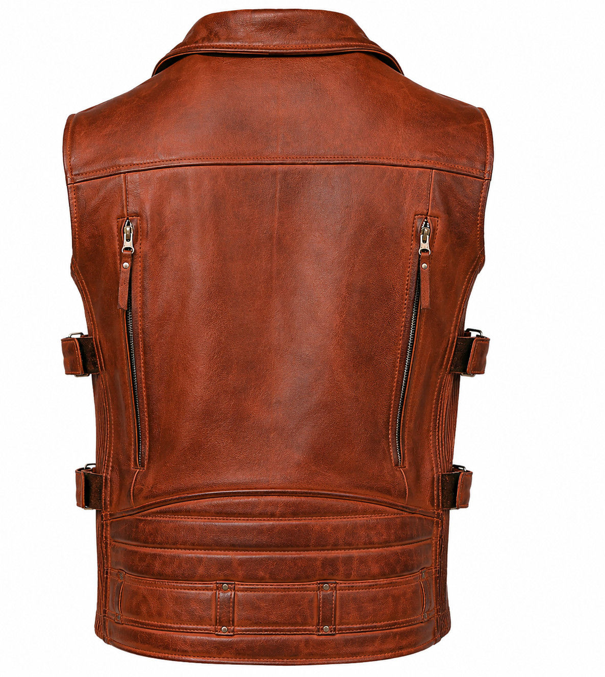 Mens Brown Leather Biker Vest Motorcycle Waistcoat Zip Front Riding Vest