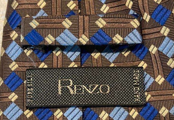 Renzo Brown Blue Tan 100% Silk Geometric Men’s Necktie