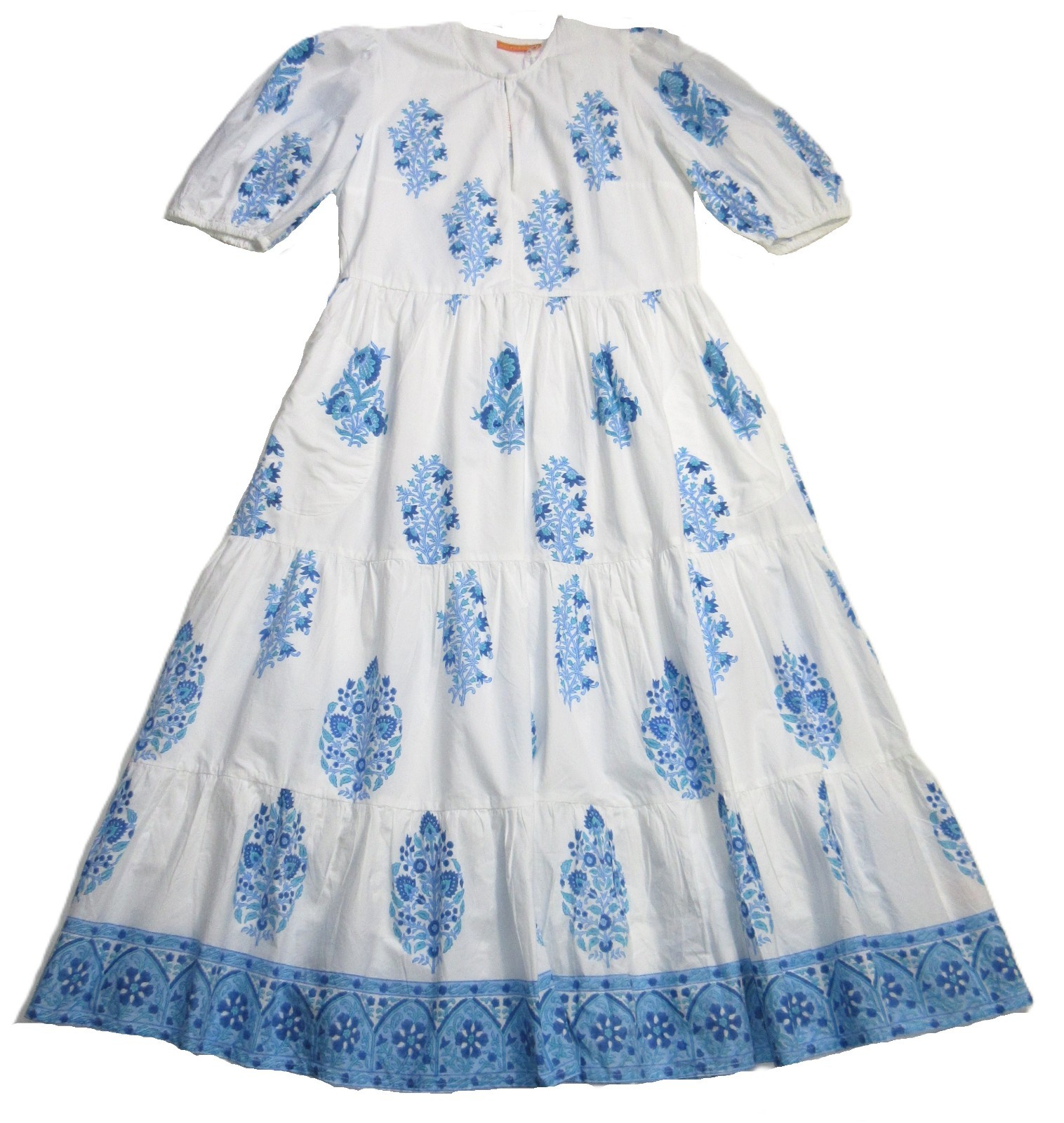 NWT Oliphant Puff Sleeve Maxi in Laguna Blue Floral Cotton Dress L $328
