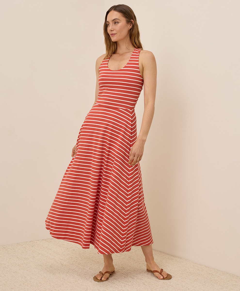 Pact Women’s Medium Fit & Flare Open Back Maxi Dress Daytripper Stripe