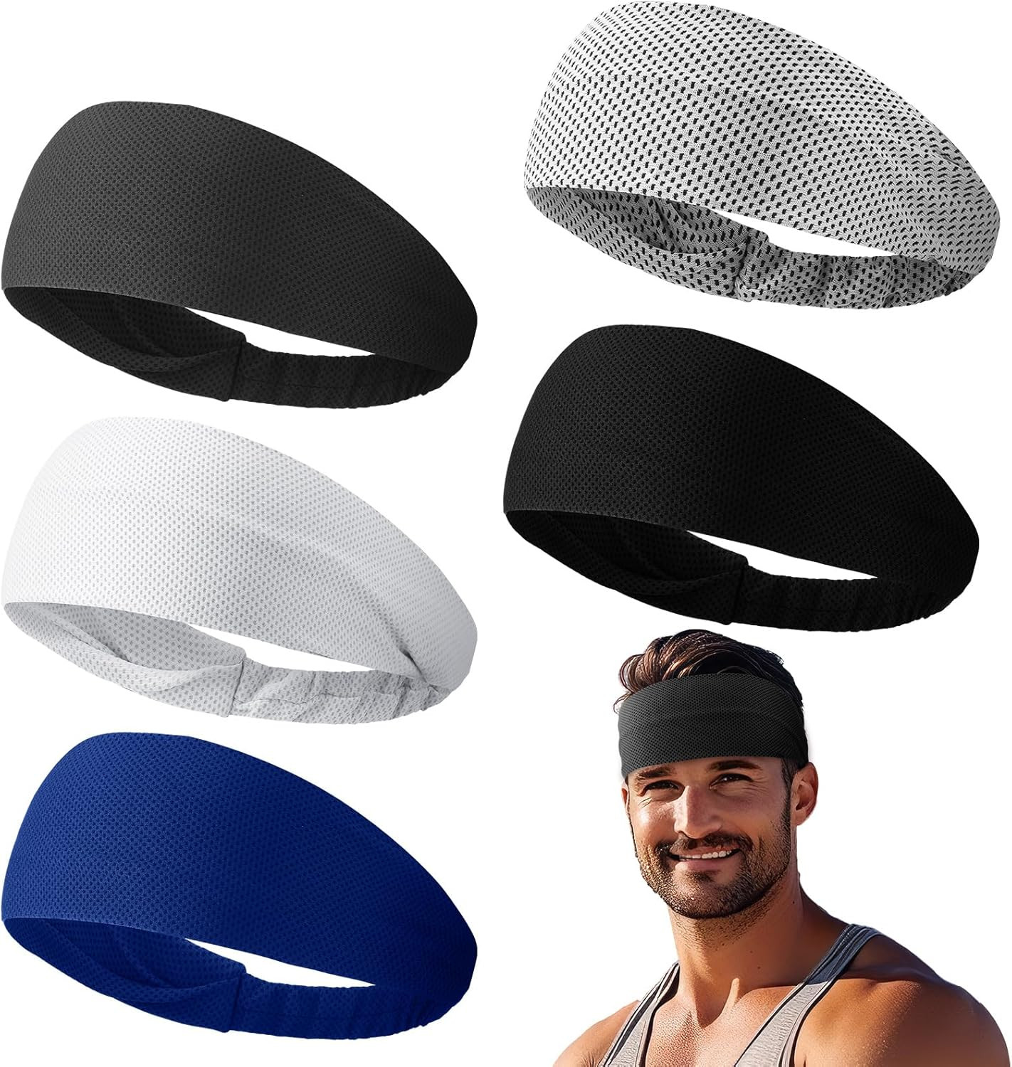 5Pcs Summer Cooling Headbands for Men Stretchy Workout Sports Sweatbands Absorb