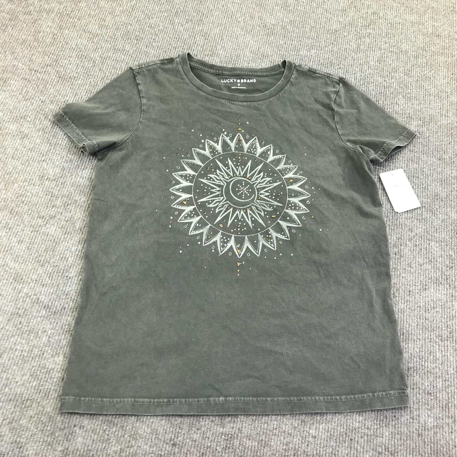 Lucky Brand Shirt Womens Small Gray Celestial Sun Moon Mandala Graphic Tee NWT