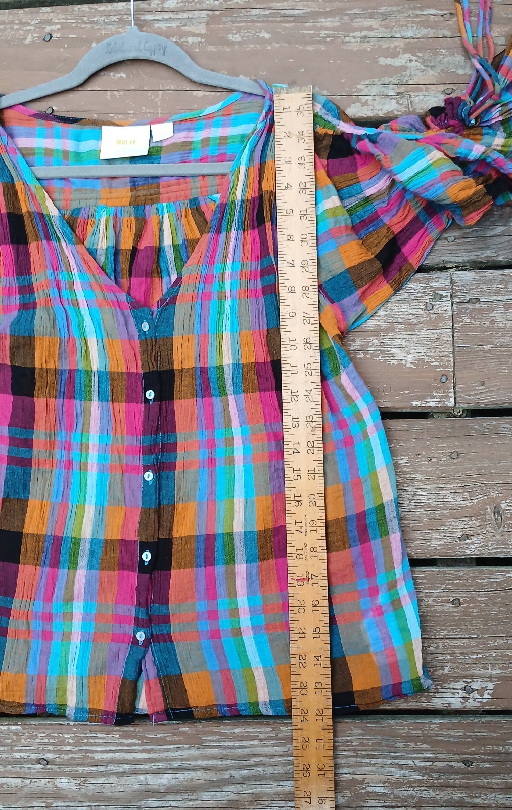 Maeve Anthropologie Multicolor Plaid Check Top Size S Ruched Drawstring Sleeve