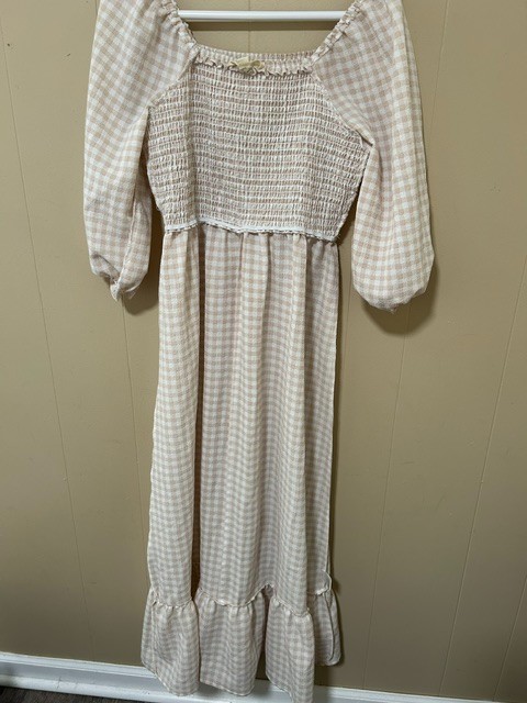 Indigo Rose Gingham Maxi Dress M Beige Smocked Cottagecore Prairie Milkmaid