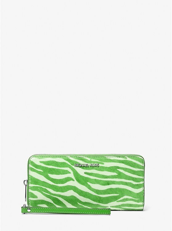 New Michael Kors Jet Set Travel Zebra Calf Hair Continental Wallet Jungle Green