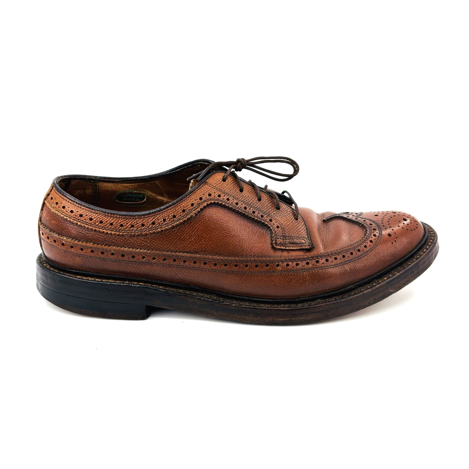 Men 9 D Vintage Florsheim Imperial Long Wingtip Dress Shoe Brown Leather V Cleat