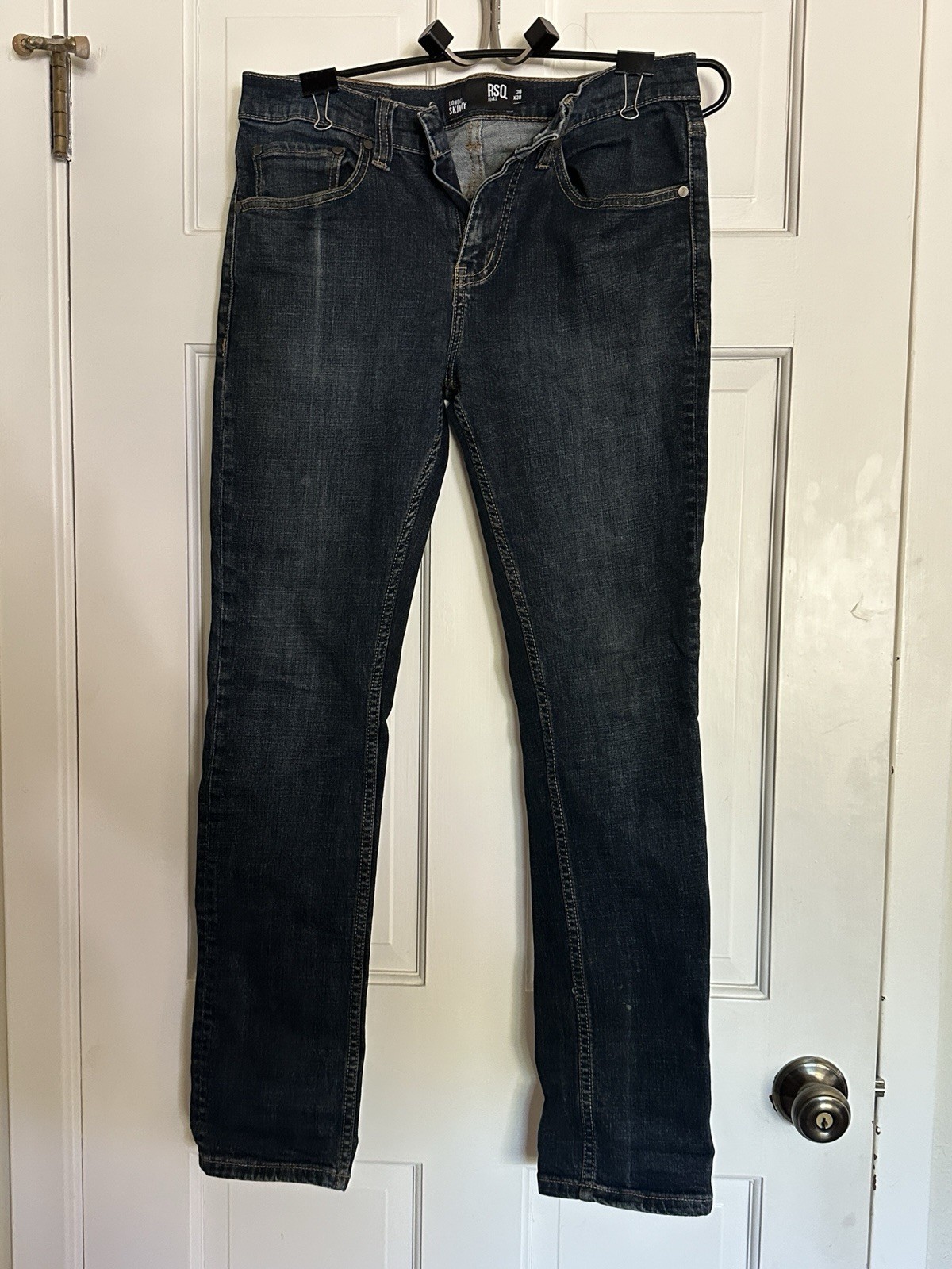 RSQ Men’s London Skinny Fit Low Rise Dark Wash Blue Denim Jeans, Cotton