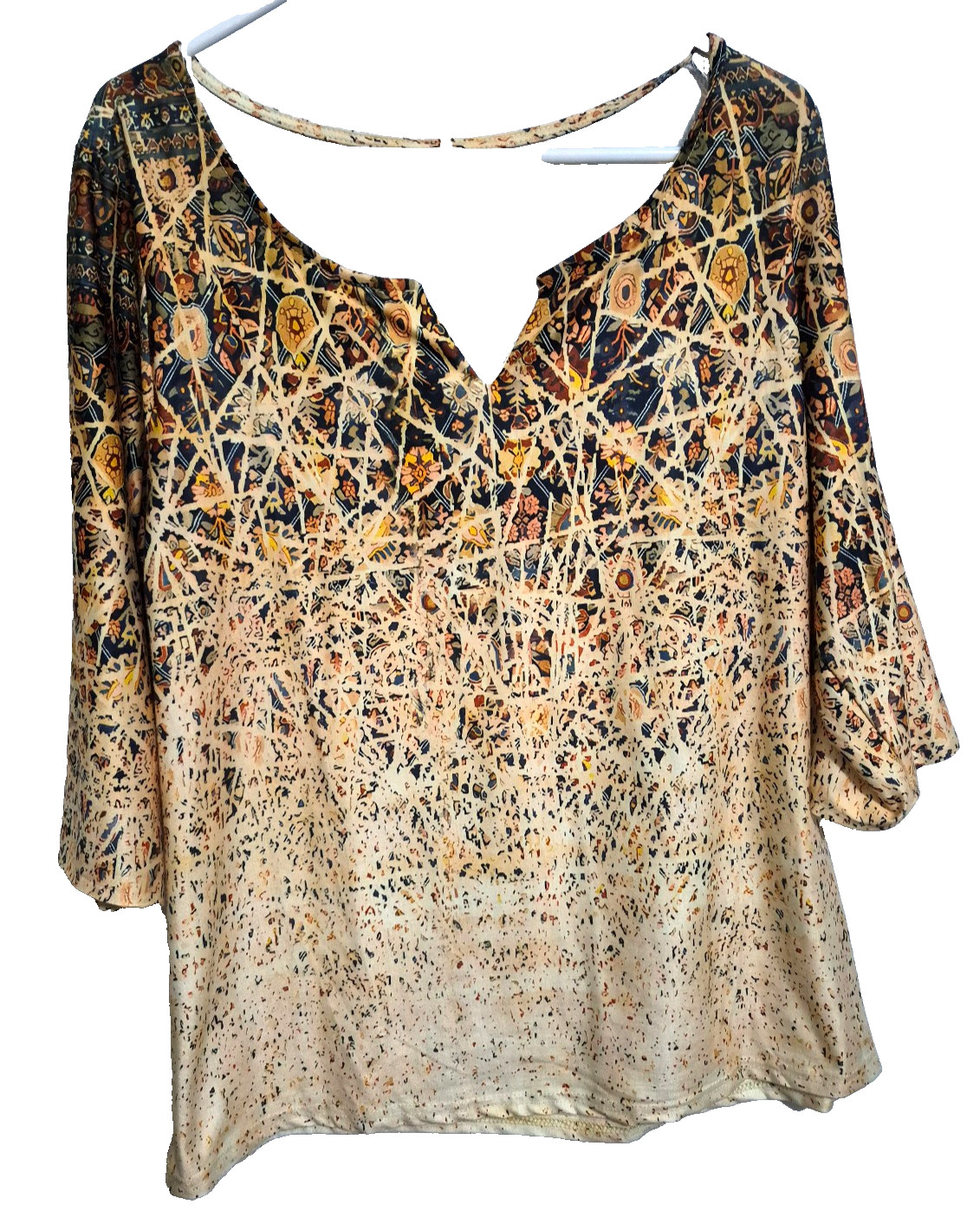 Womens Tunic Top 3/4 Sleeve 1X Gold Tan Orange Geometric Print V-neck Shirt NEW
