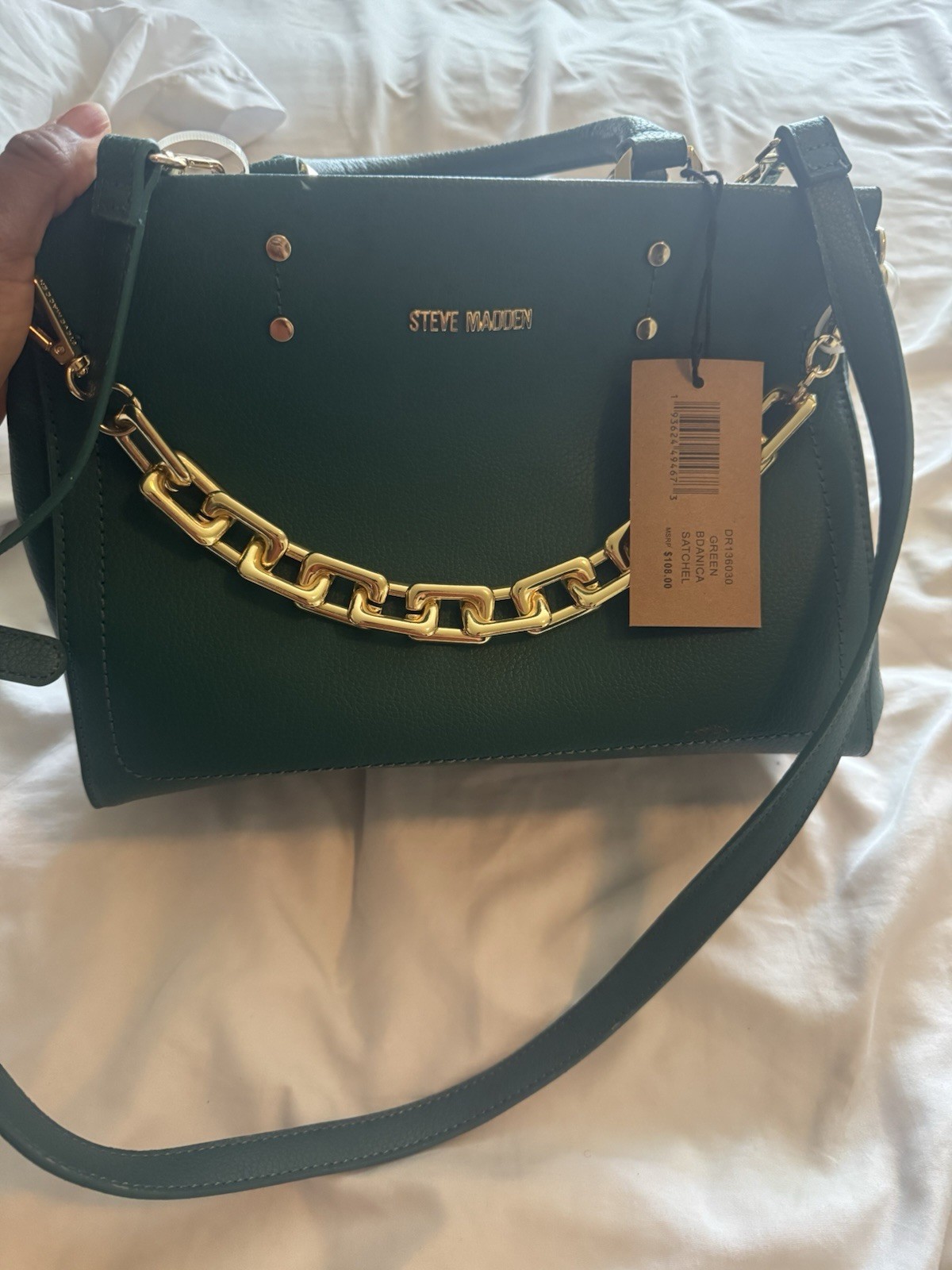 Steve Madden Green Medium Satchel Top Handle Zip Crossbody Strap Gold Chain