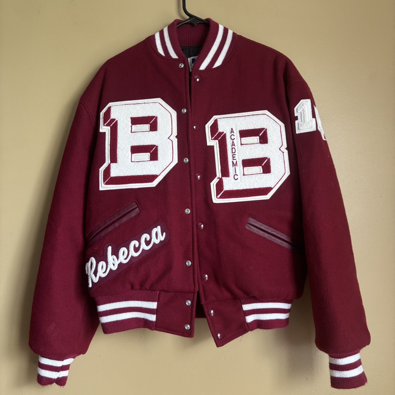 Vintage Varsity Letterman Jacket Red White Wool Leather Size Medium 80s 90s
