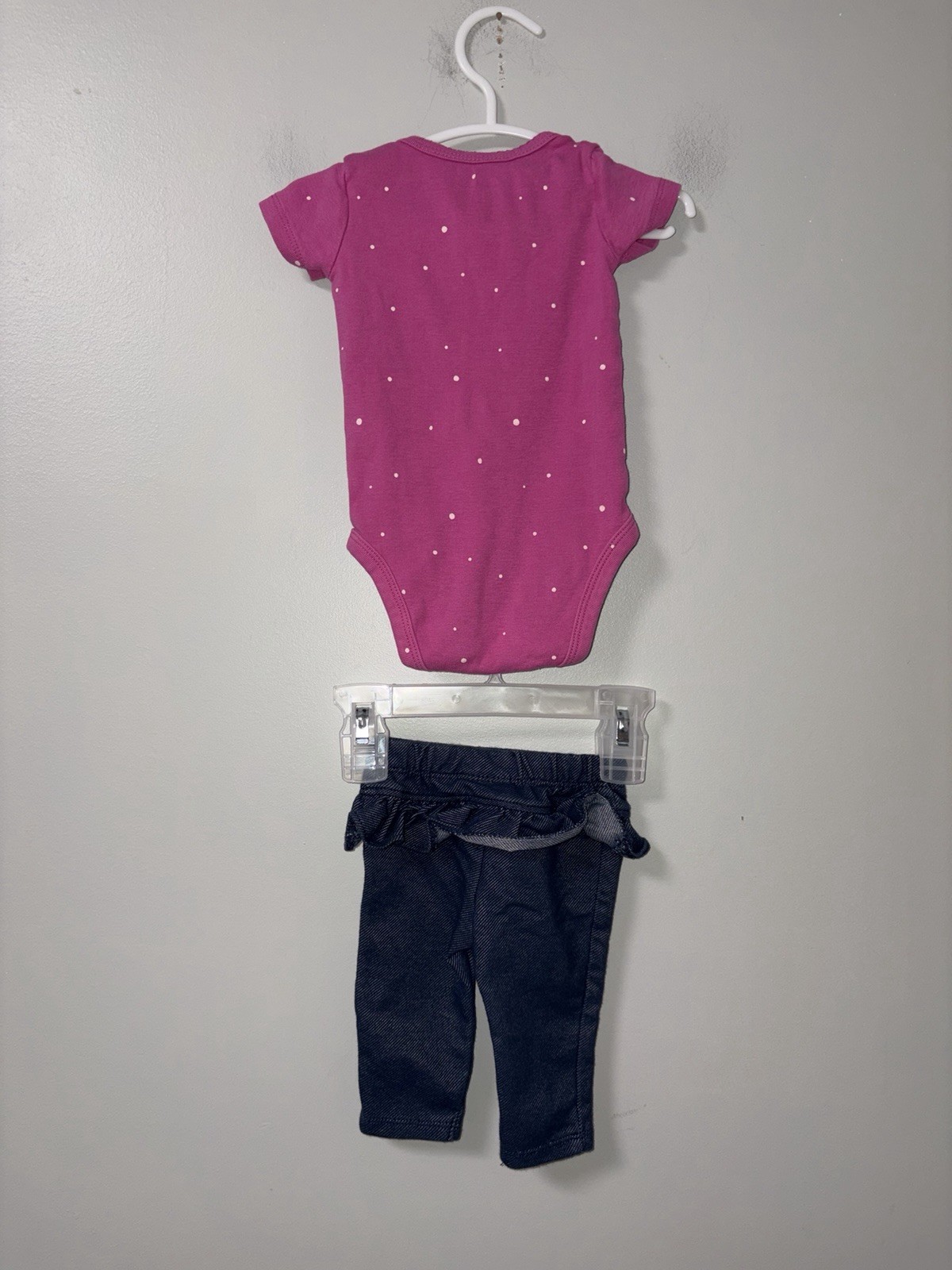 Carters Pink White Polka Dot Body Suit Garanimals Navy Ruffle Pants 0-3M
