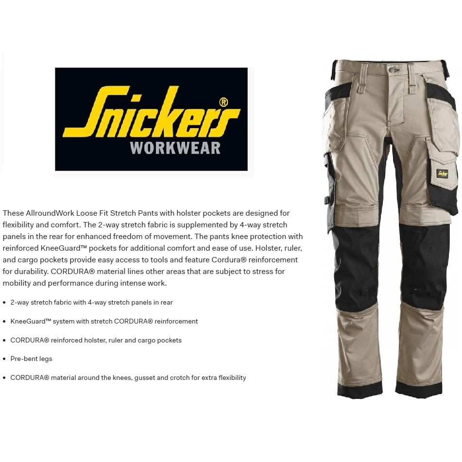 Snickers Workwear AllroundWork Stretch Mens Work Pants 36/32 Relaxed Khaki/Black