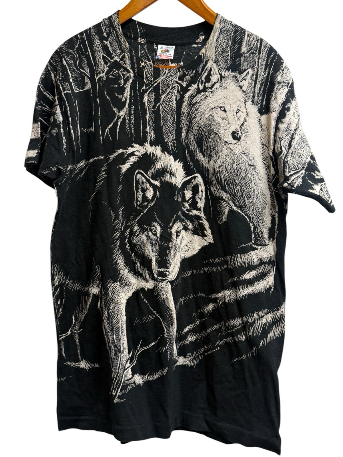 Vintage 90s Wolf All Over Print T Shirt Single Stitch USA Fruit Of The Loom M