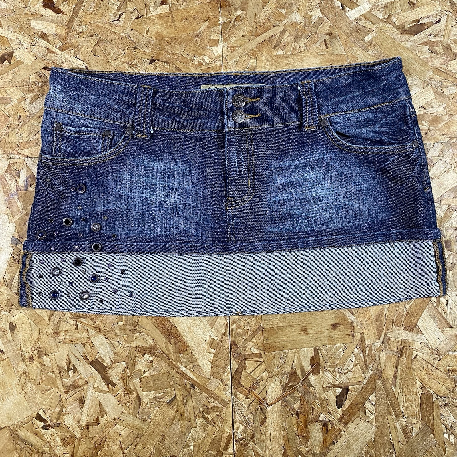 Vintage Y2K Hint Jeans Studded Bling Low Rise Micro Mini Denim Skirt Size 13