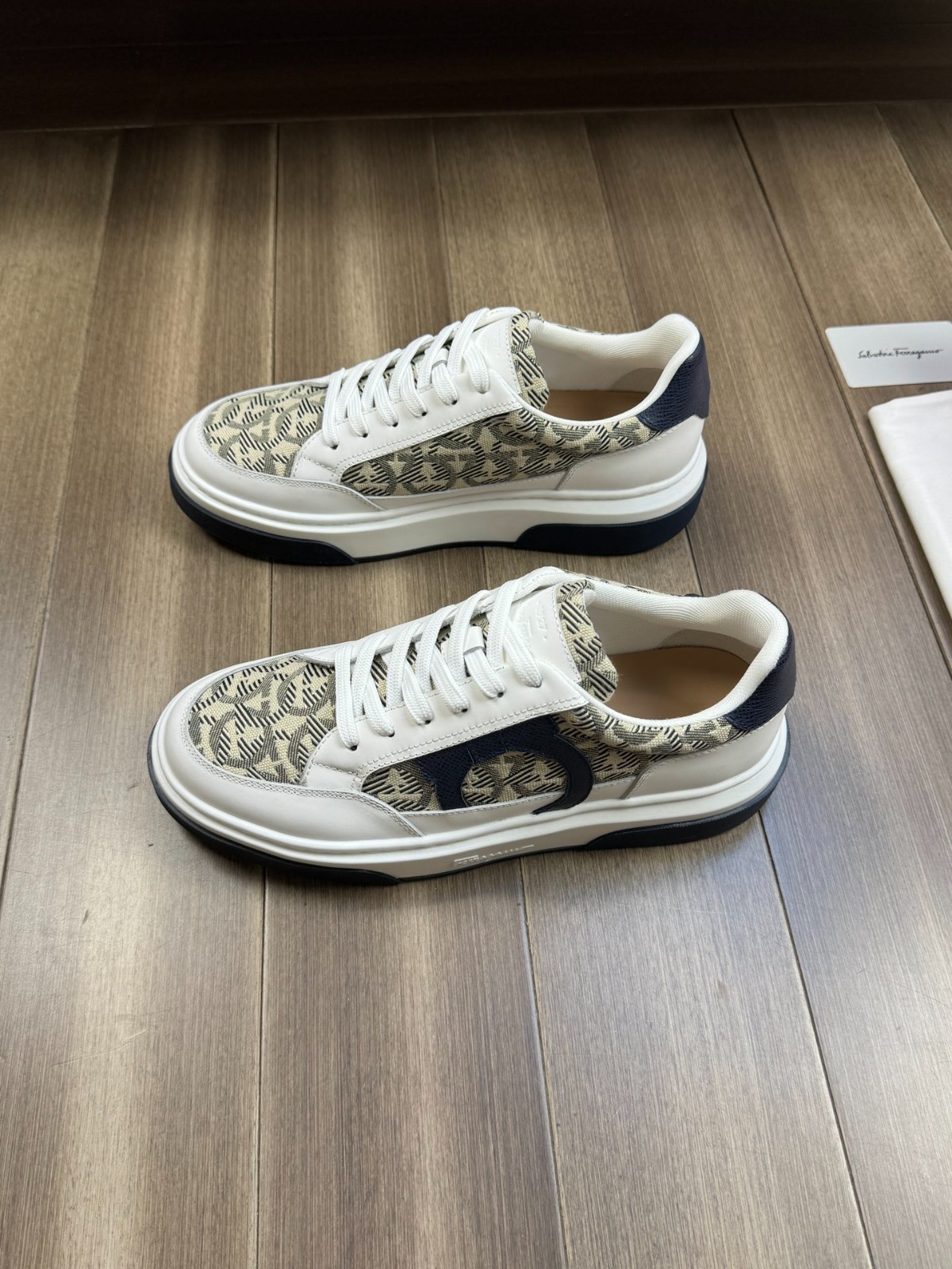 Salvatore Ferragamo White Navy Monogram Gancini Canvas Leather Sneakers Shoes