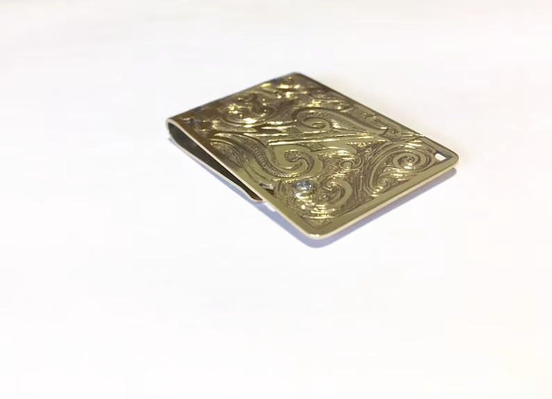 10K Yellow Gold Over Diamond Accent Hand-Engraved Initial Monogram Money Clip 1P