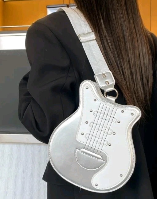Music Lovers Trendy Guitar C/ B Bag, Fun For All Ages Silver & White Faux Leathe