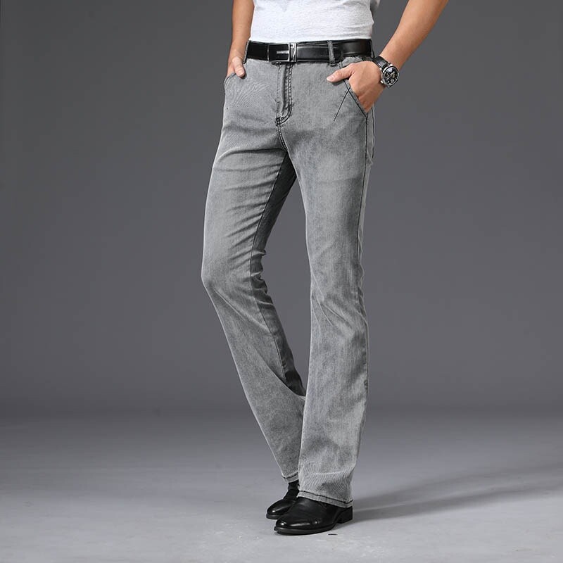 Men Bell Bottom Flared Denim Pants Jeans Soft Thin Trousers Drawstring Grey