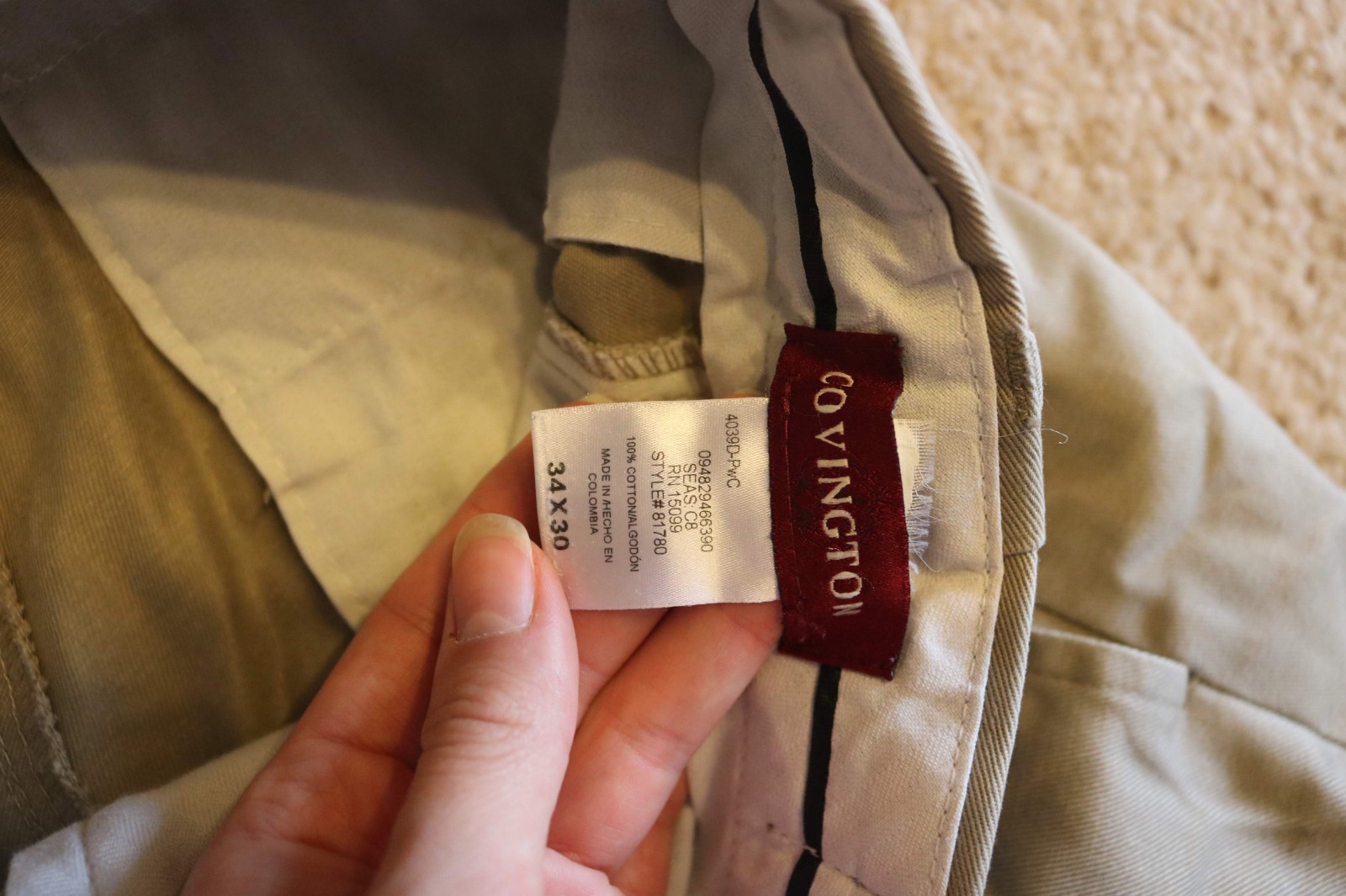 Covington Men’s Pants Trousers 100% Cotton Beige Size 34×30