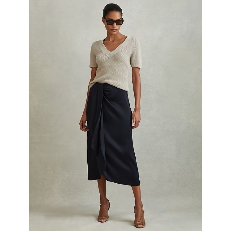 NWT REISS Bella High Rise Navy MIDI Skirt / MSRP $285 / Sizes 2 & 6 / Silky