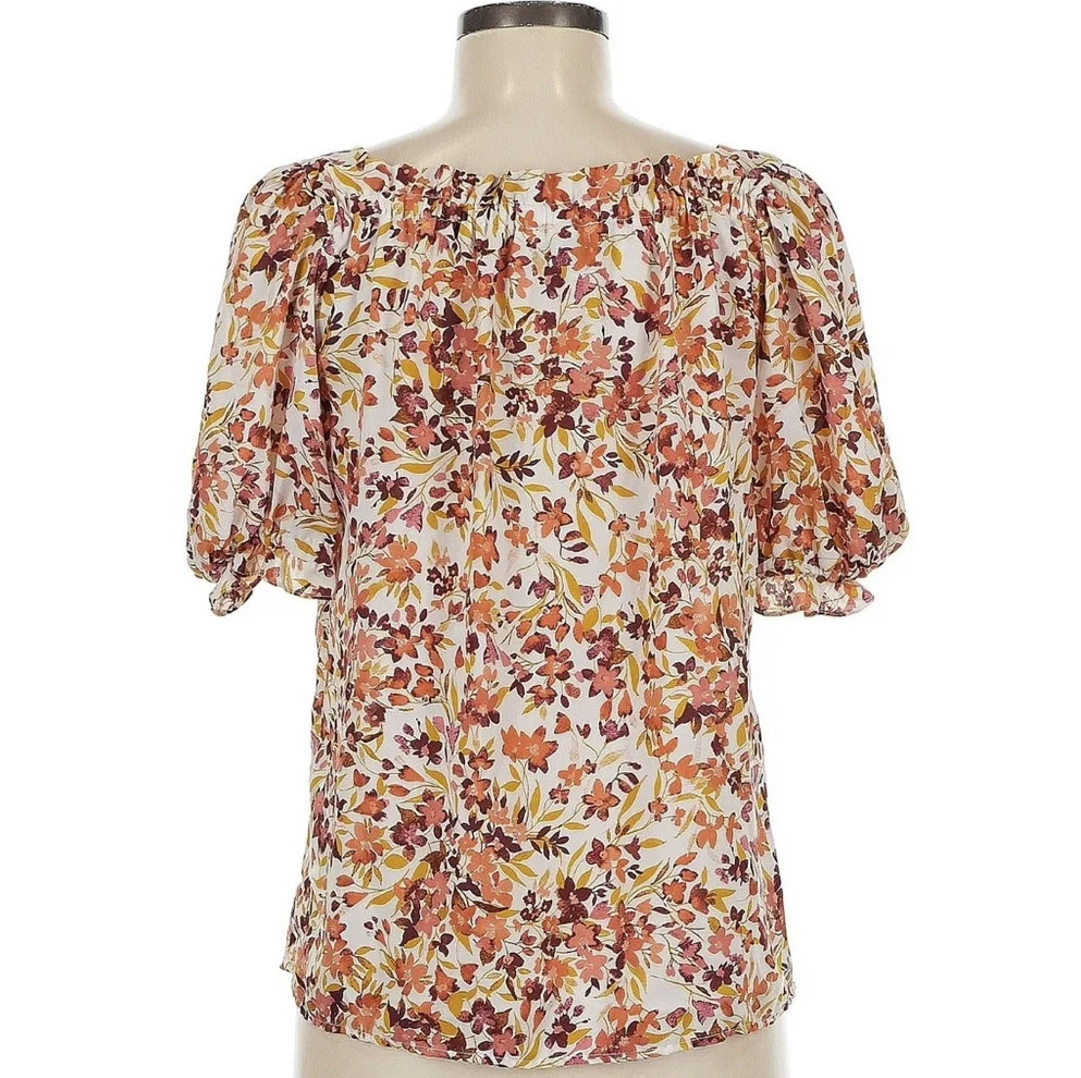 CeCe Floral Puff Sleeve Blouse Square Neck Tie Front Top Autumn Size Medium