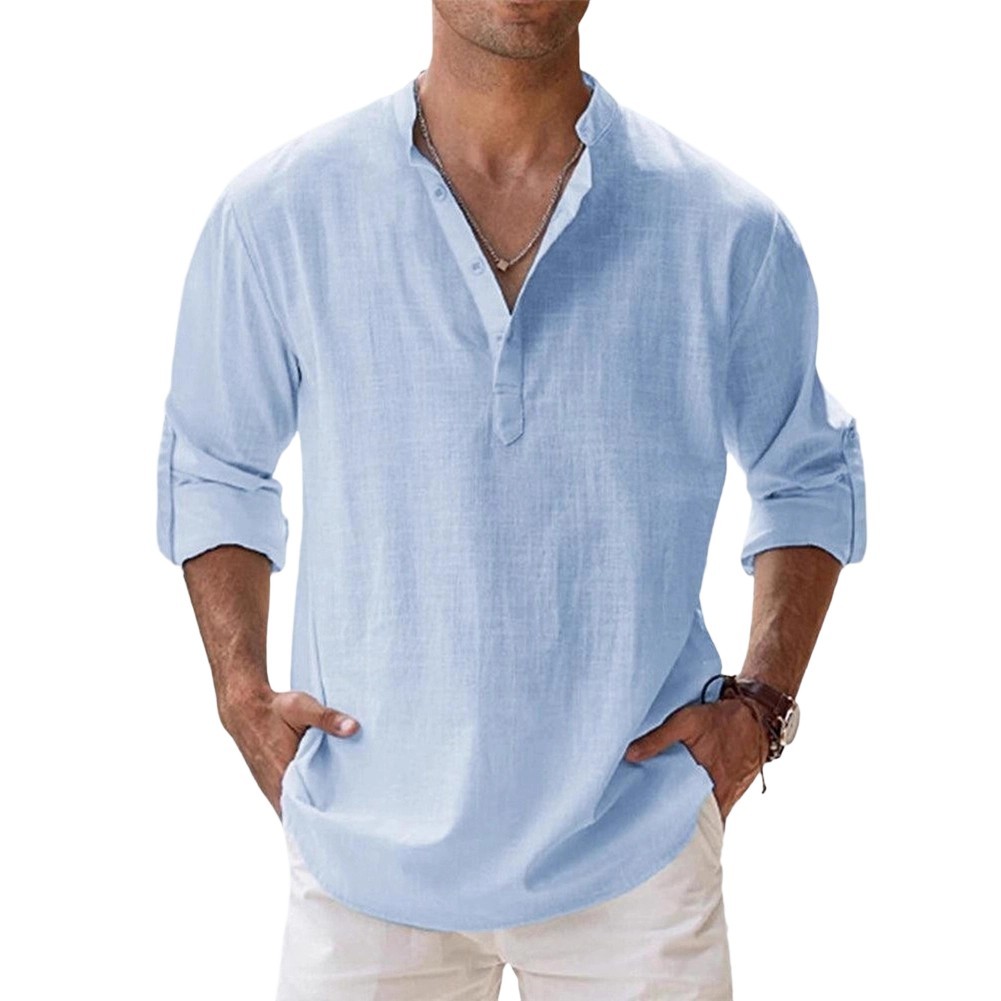 Men Linen Shirt Office Casual Stretch Fabric 80%Cotton Blend+20%Spandex