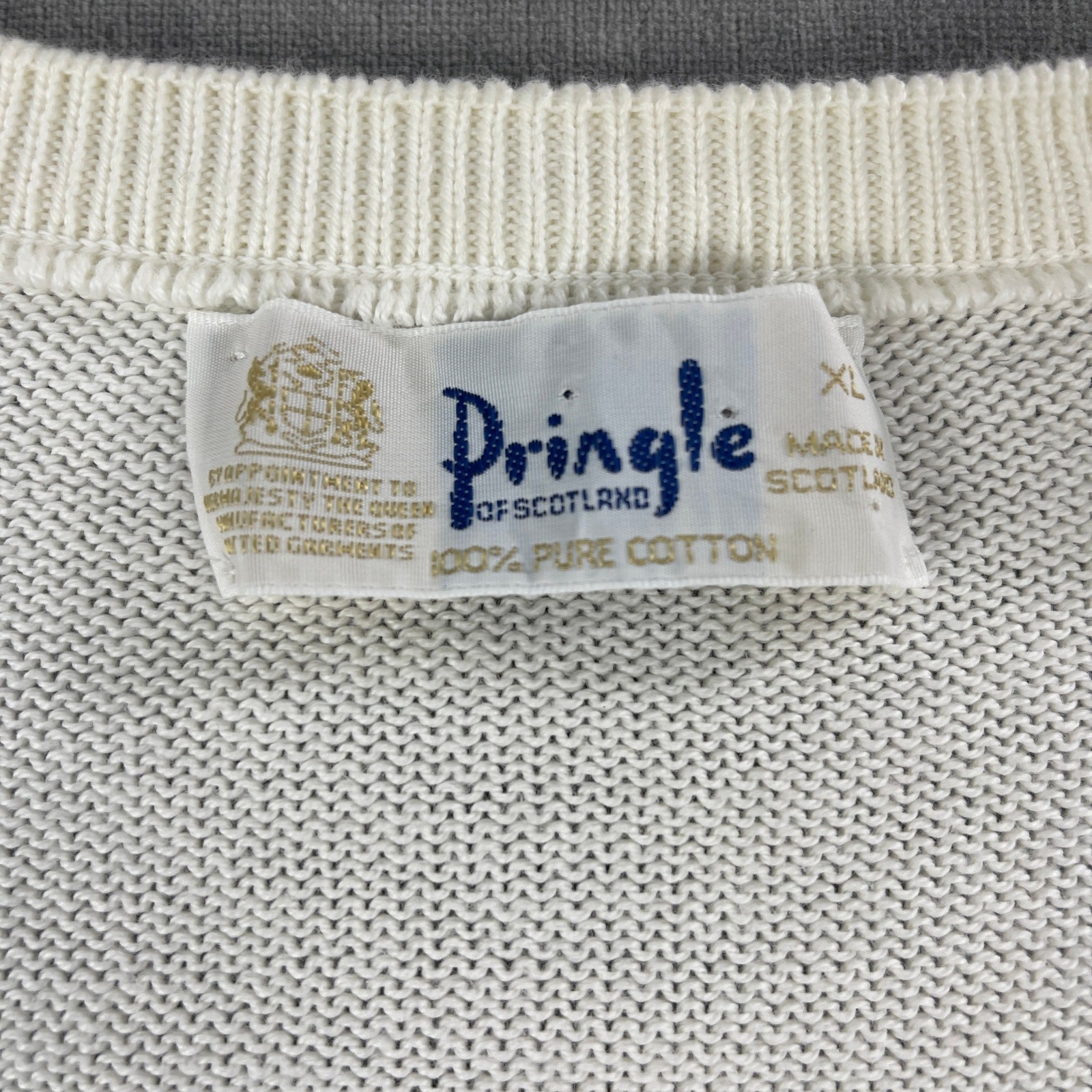 Pringle of Scotland Men XL White Argyle V-Neck Sweater Pure Cotton Made Scotland