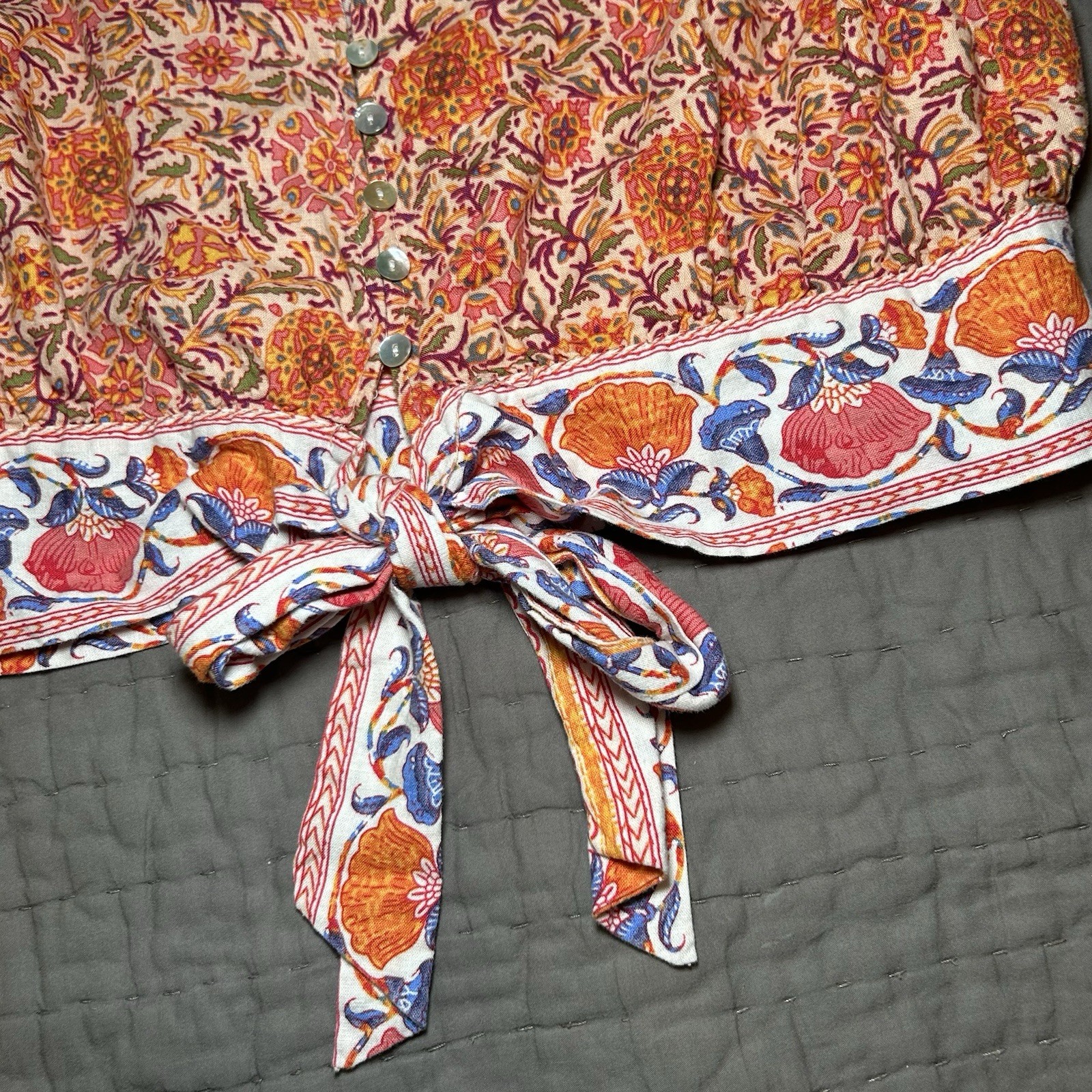 Rachel Zoe Linen Blend Blouse M Medium Tropical Floral Tie Front Vacation Beachy