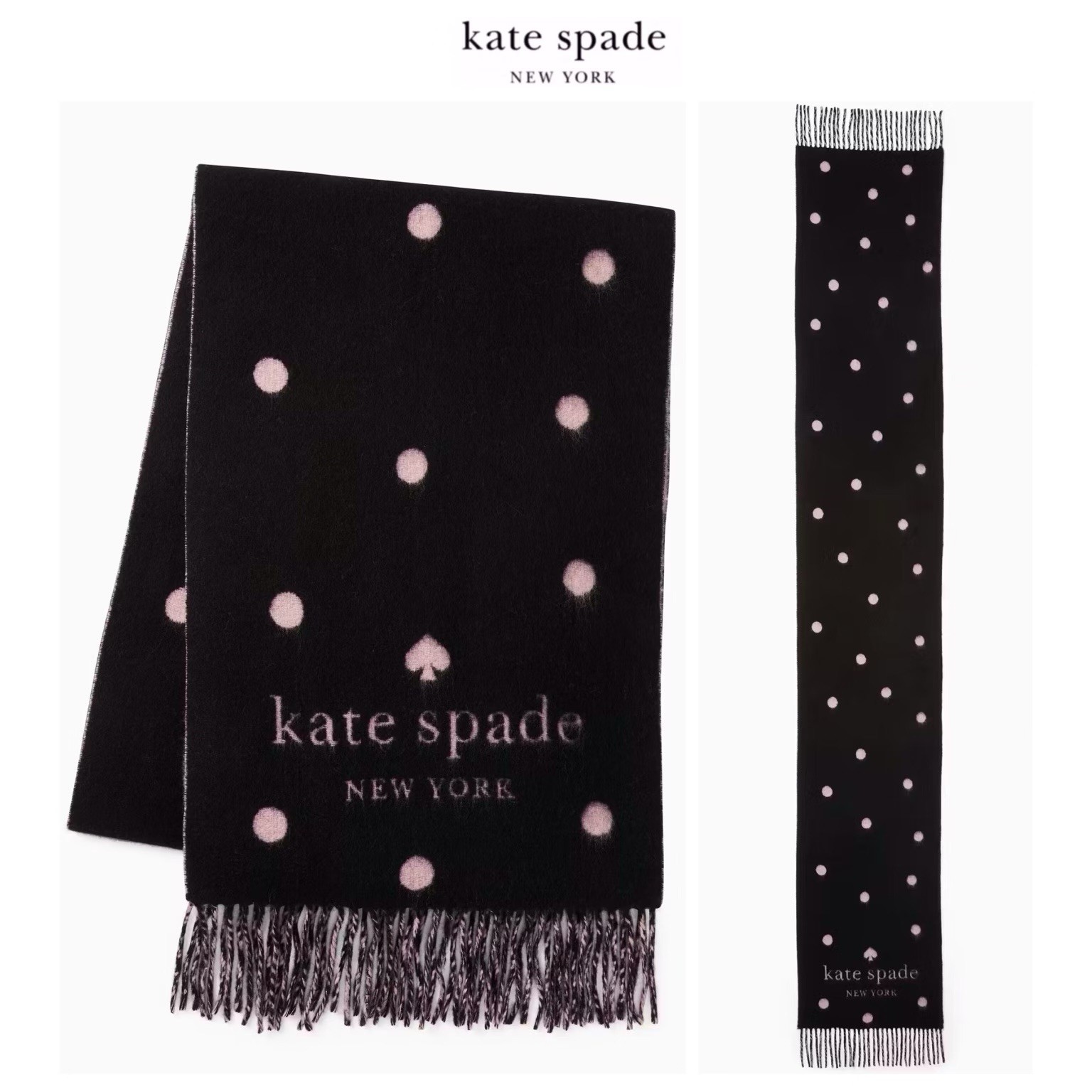 NWT Kate Spade Black/Pink Logo Dot 90% Wool/10% Cashmere Soft Large Oblong Scarf