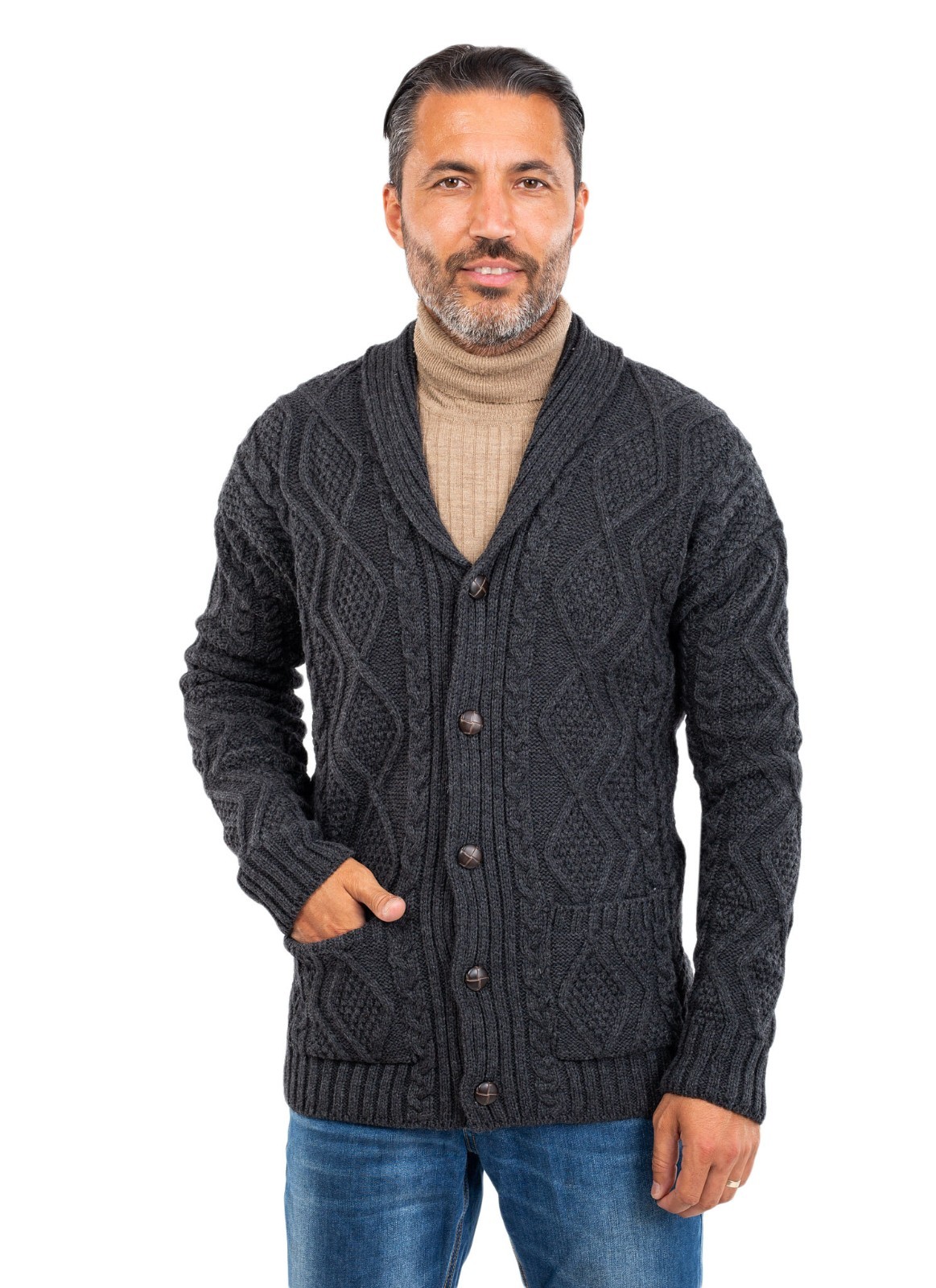 Men’s Cardigan Aran Knit Shawl Collar Casual Irish Sweater