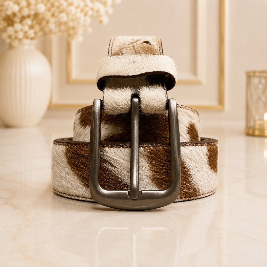 Handmade Brown White Hair-On Cowhide Leather Belt Western Gunmetal Buckle