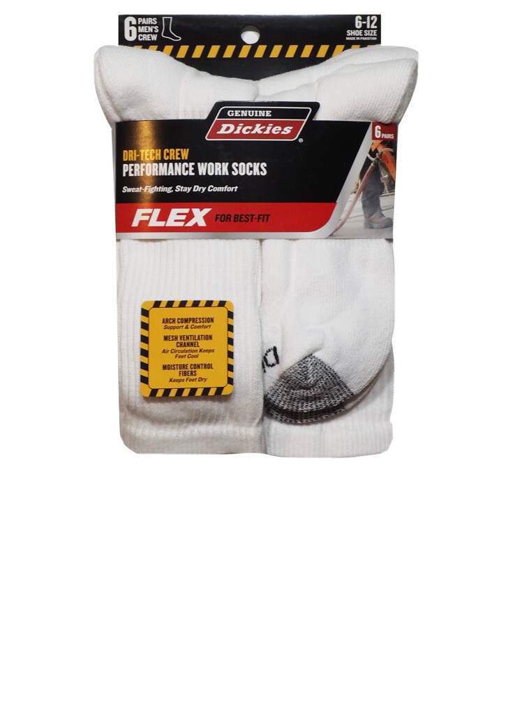Dickies Dri-Tech Crew Flex Men’s Socks – White, 6-12 (6 Pairs)