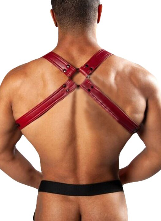 Men Leather Body Harness Chest Armor Button Adjustable Strap Belt Jock Strap Red