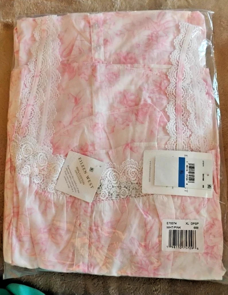 Eileen West Sleeveless Blush Rose 100% Cotton Lawn Button Up Ballet Nightgown XL