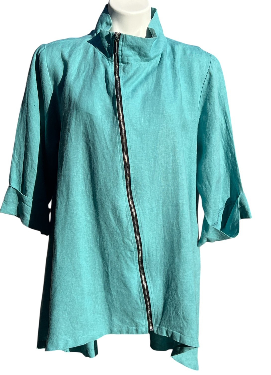 Comfy USA Turquoise Linen Tunic Asymmetrical Zip Front Sz L Jacket 3/4 Sleeve