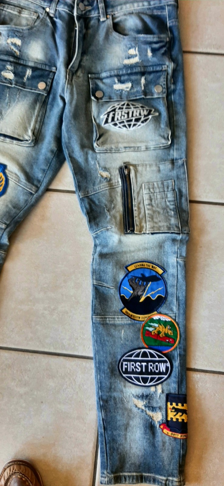 First Row Jeans Men 32/32 Distressed Patches Skinny Hip Hop Skater Streetwear B2