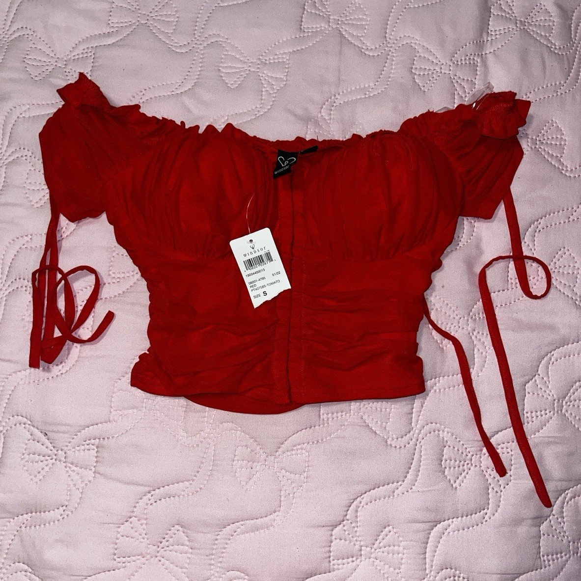 Windsor Red Off Shoulder Ruched Mesh Crop Top Short Sleeve Blouse S