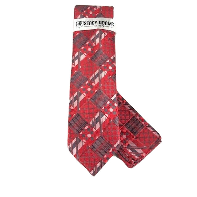 Stacy Adams Men’s Tie Hanky Set Red Pink Charcoal Gray Plaids 3.25 Inches Wide