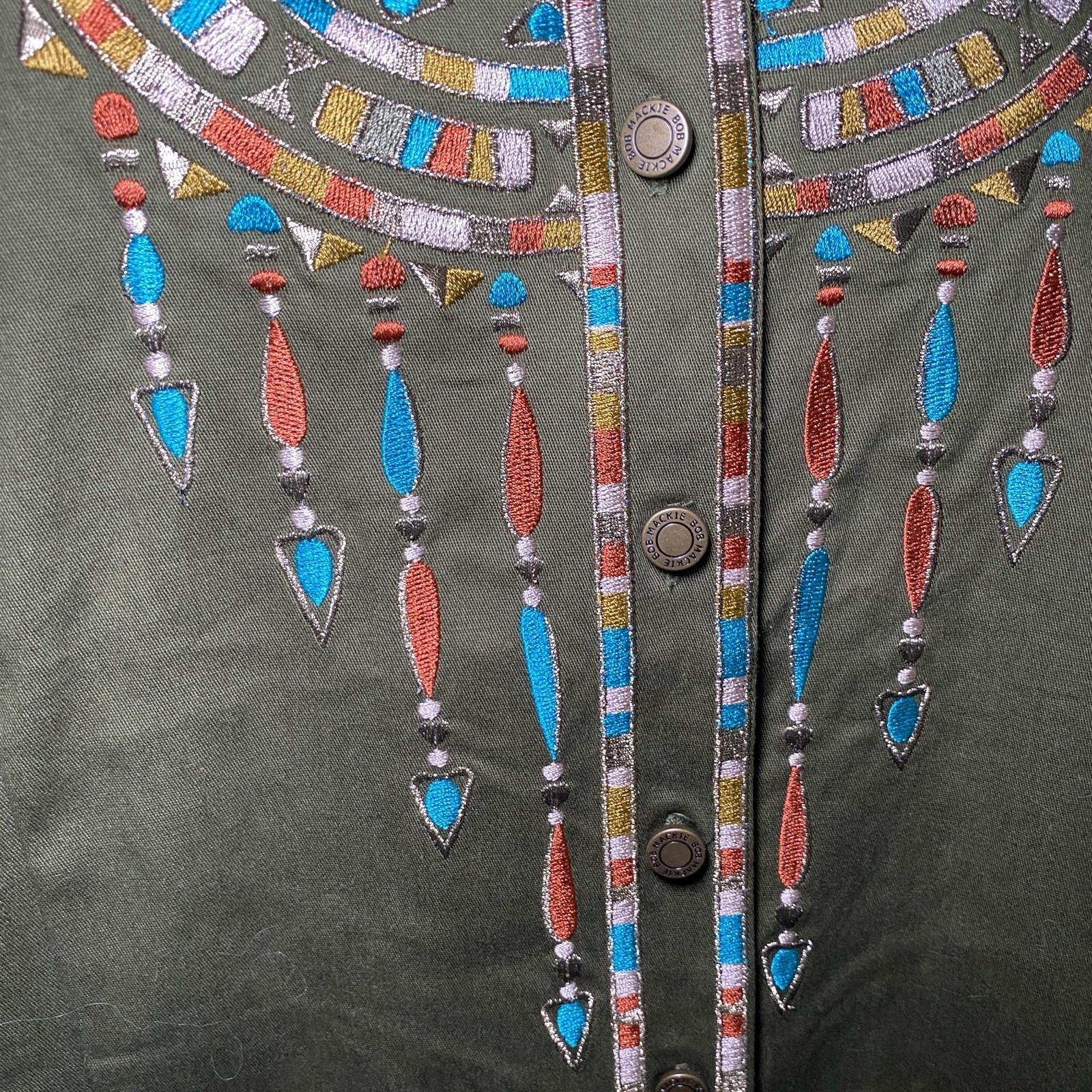 Bob Mackie Wearable Art Embroidered Southwestern Aztec Cotton Green Top 2X