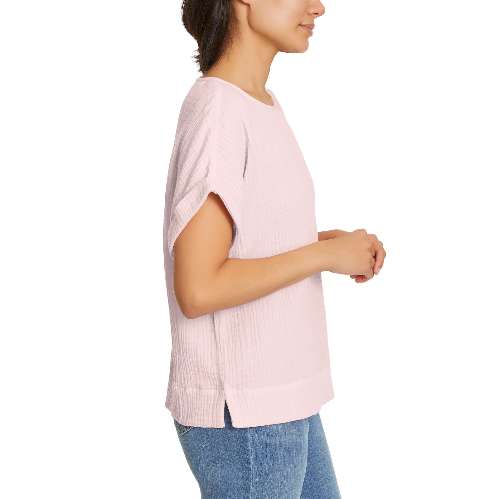 Gloria Vanderbilt Women’s Cotton Gauze Pullover Top Double Rolled Cuff Sleeve