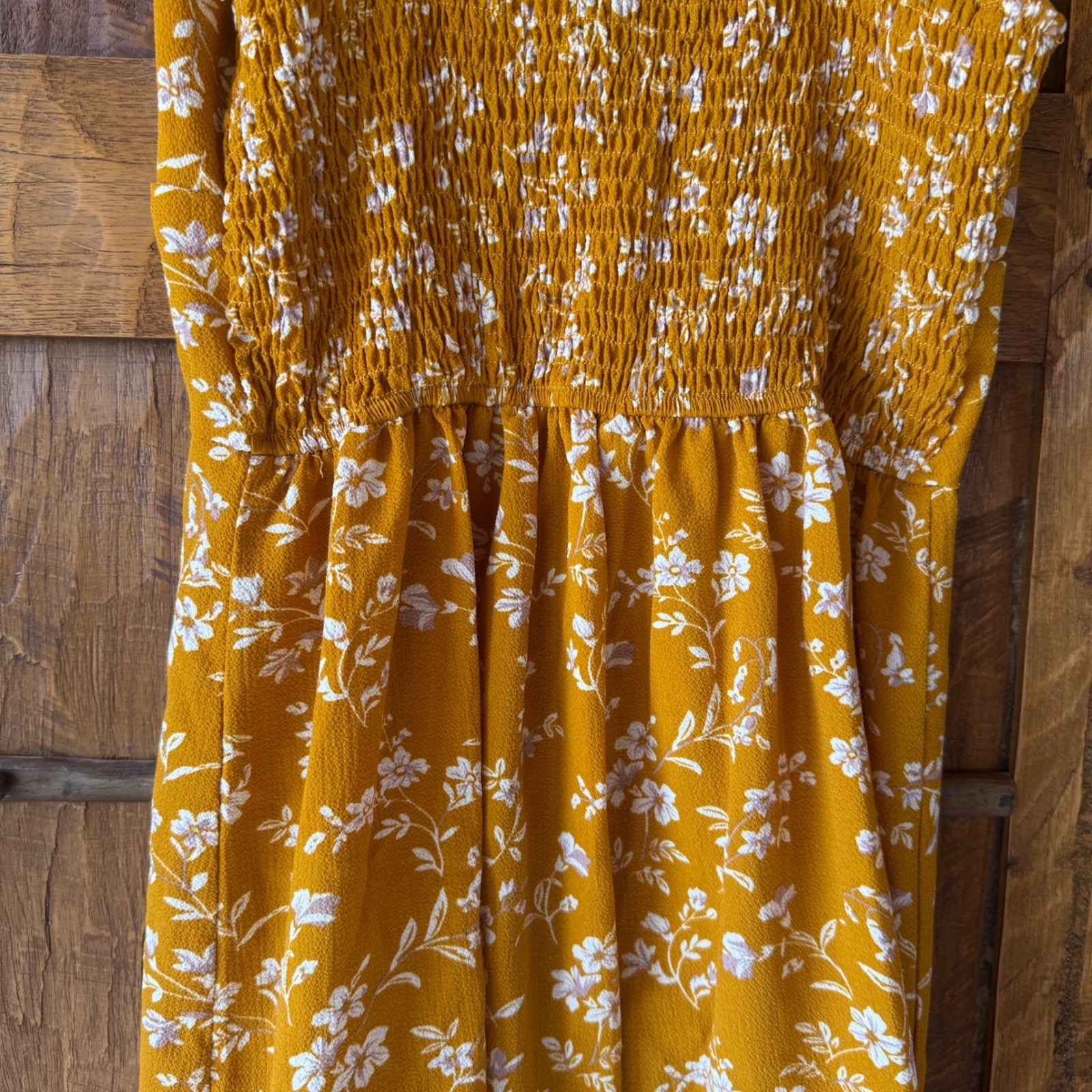 Cider Mustard Yellow Floral Romper V-Neck Smocked Back Ruffle Hem Buttons Small