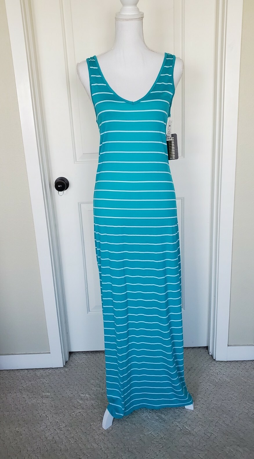 Turquoise And White Striped Maxi Dress
